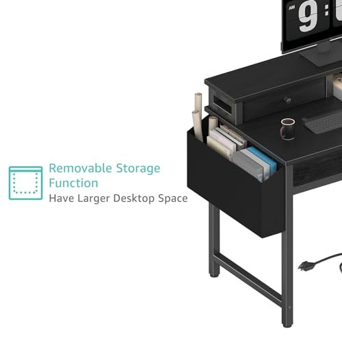 Black 31-inch Writing Desk with Fabric Drawers for Home Office