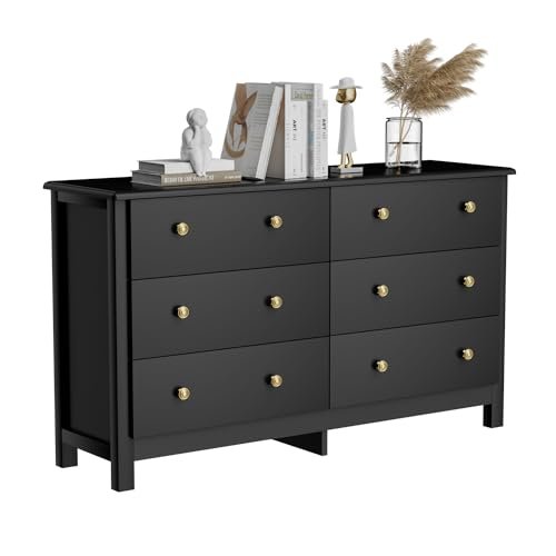 Modern Black 6-Drawer Dresser with Gold Pulls for Bedroom, Adults & Kids