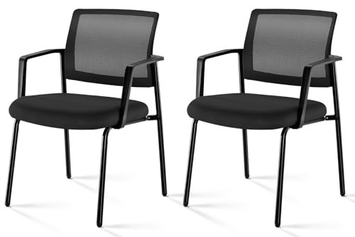 Black Mesh Back Stacking Arm Chairs - Indoor/Outdoor, Fabric Upholstered, 2 Pack