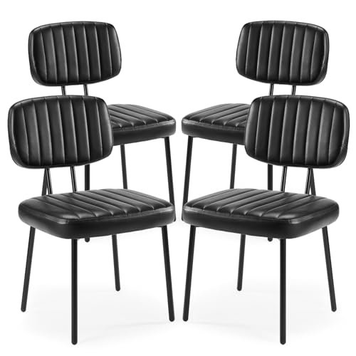 Modern Black Upholstered Dining Chair Set of 4 with Faux Leather Seat & Metal Legs