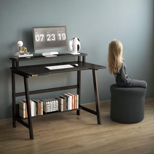 Compact Desk for Small Spaces: Modern Writing Table with Monitor Storage