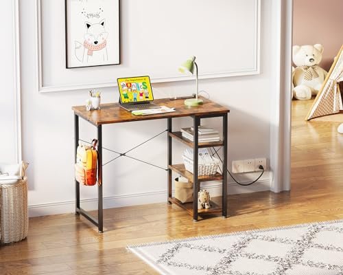 AODK 32 Laptop Desk with Power Outlet, USB & Type-C Charging, 3-Tier Reversible Shelf for Home Office, Rustic Brown
