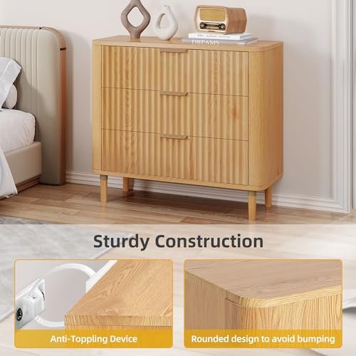 Natural Oak 32" Tall 3 Drawer Dresser for Bedroom