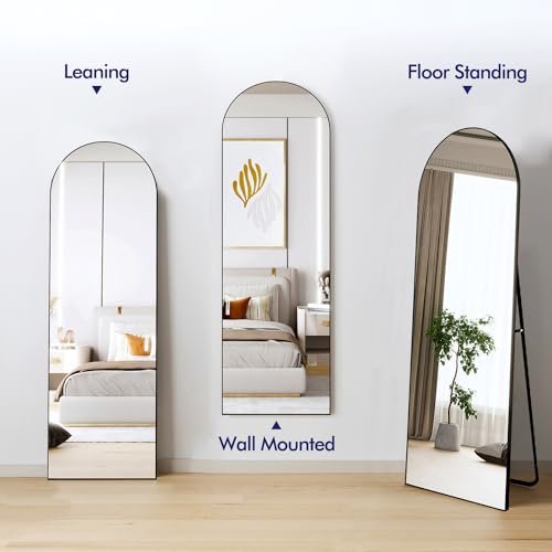 Black Arched Full Length Mirror with Stand, Modern Floor Mirror for Bedroom