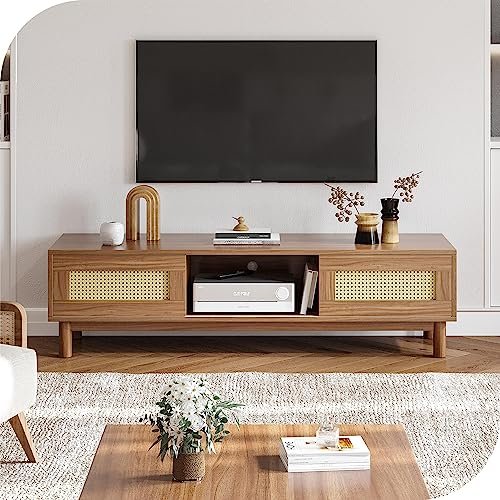 DWVO Boho Wood 58 Inch Rattan TV Stand for 65 Inch TVs