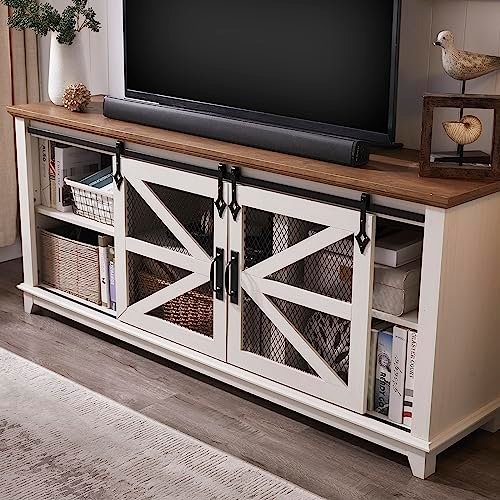 75 Inch TV Stand with Sliding Barn Door Farmhouse Media Center