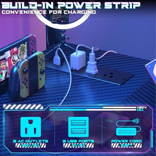 51 L-Shaped Gaming Desk with Power Outlets, Pegboard, and Shelves