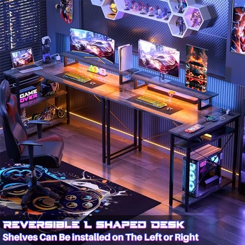 Refined L-Shaped Gaming Desk with Power Outlet, LED Light, and Storage Shelves