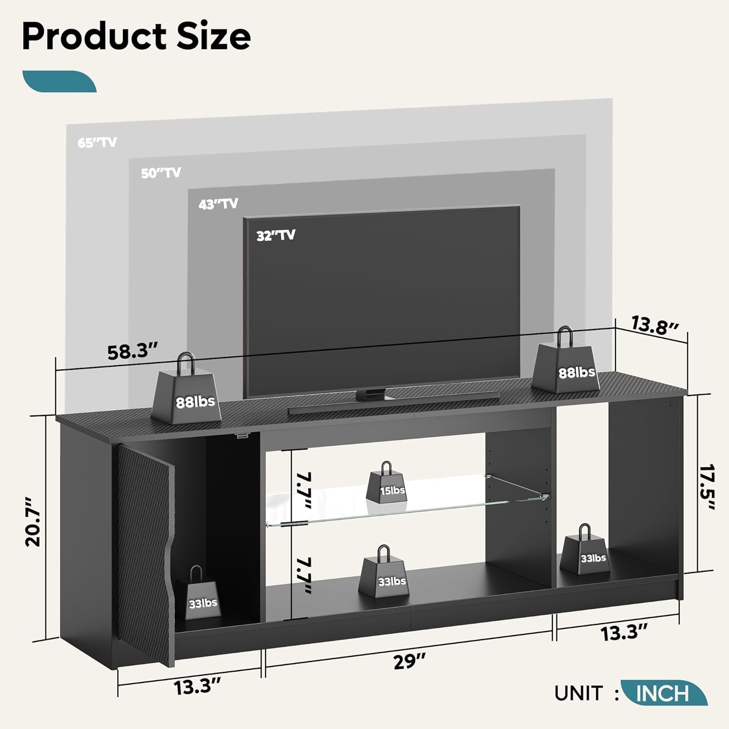 Bestier 58-Inch LED TV Stand with Adjustable Glass Shelves for Living Room or Bedroom
