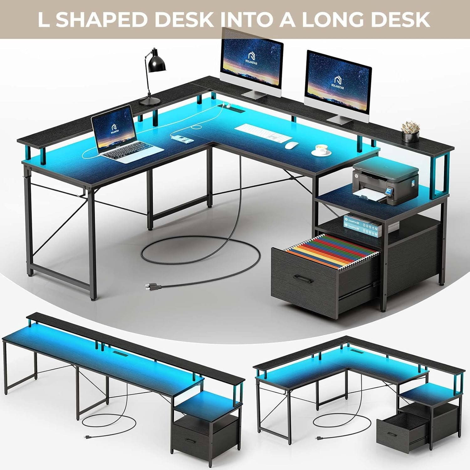 L-Shaped Home Office Desk with File Drawer & Power Outlet