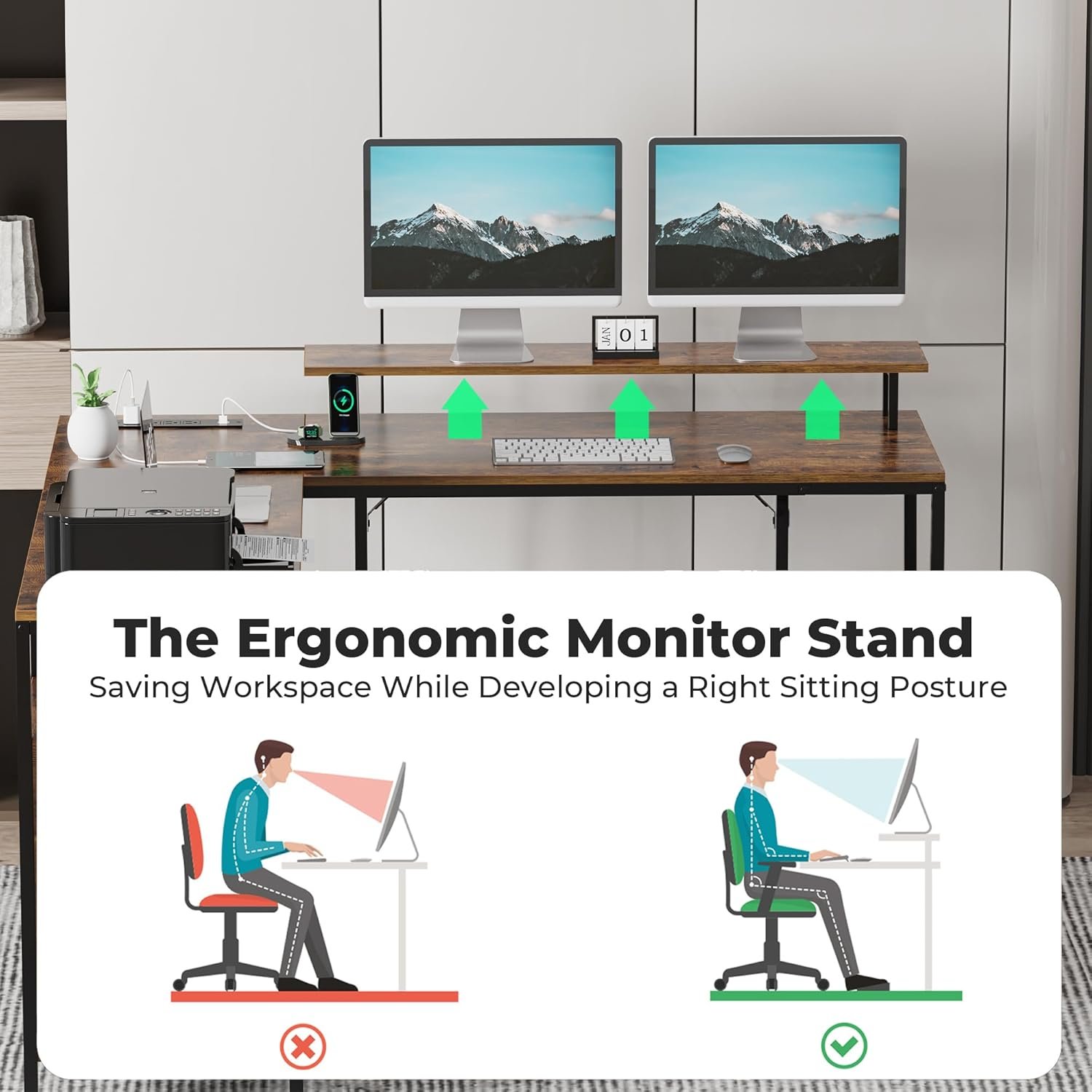 SUPERJARE Rustic Brown Reversible Desk for Home Office