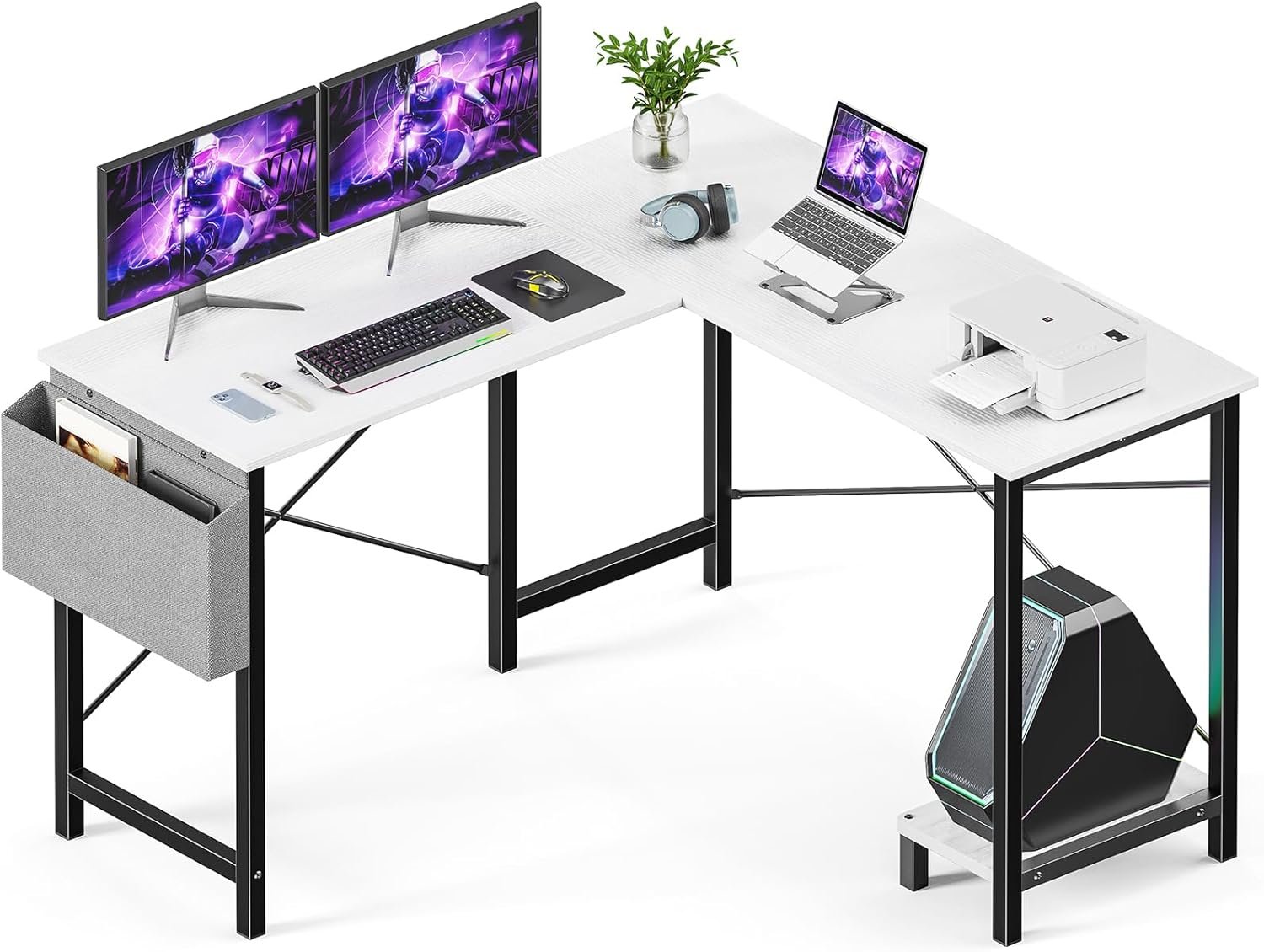 Superone L-Shape 50-inch Gaming Desk with Wooden Top and CPU Stand