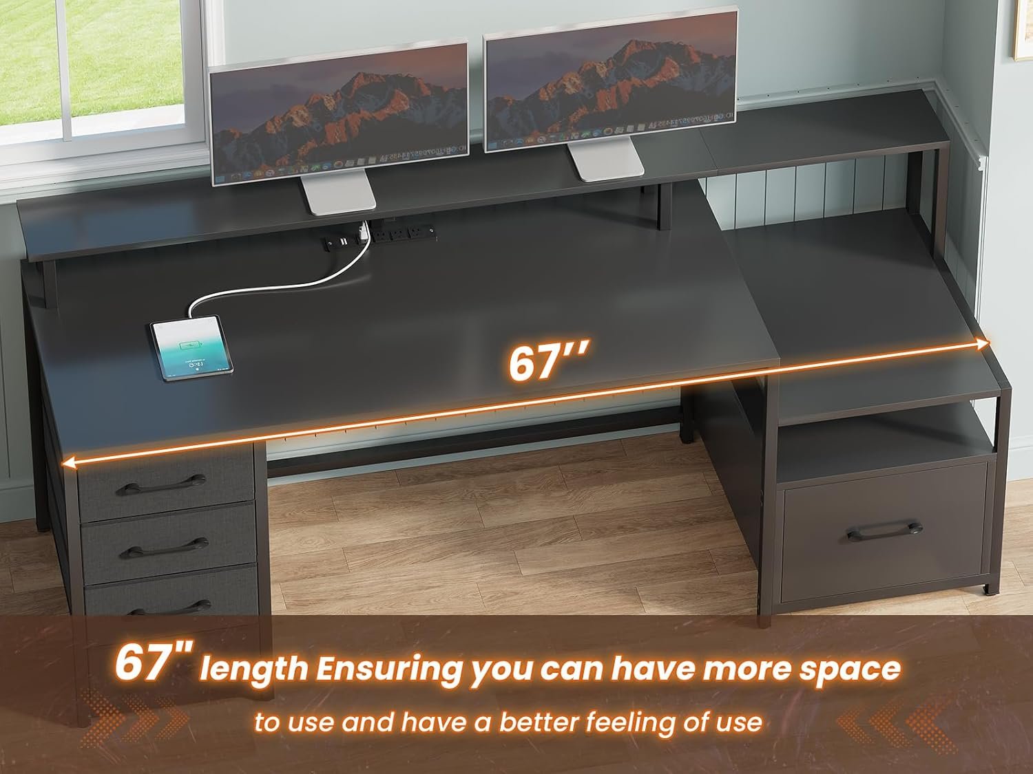 66-Drawer Computer Desk with Power Outlet and LED Lights for Home Office and Gaming