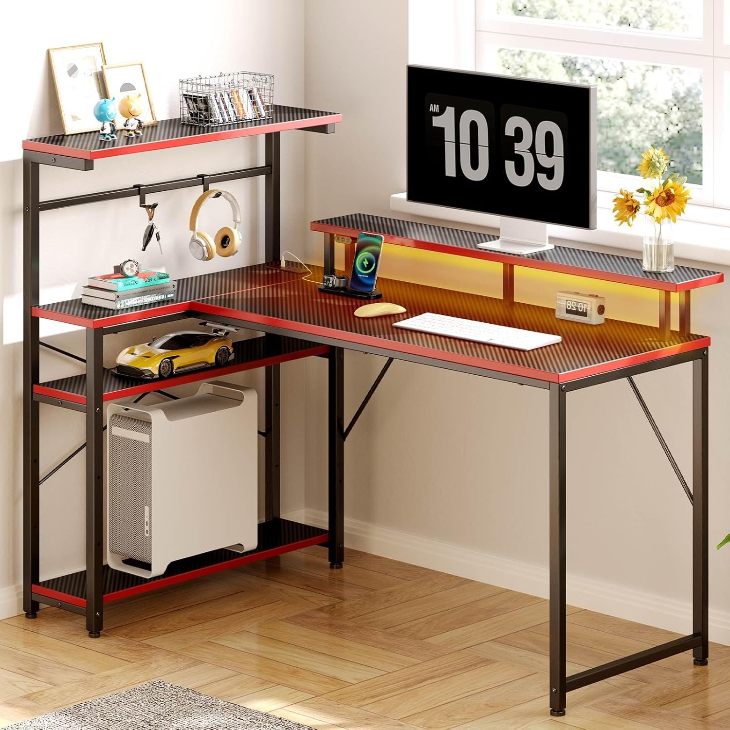Reversible Small Desk with LED Light and Storage