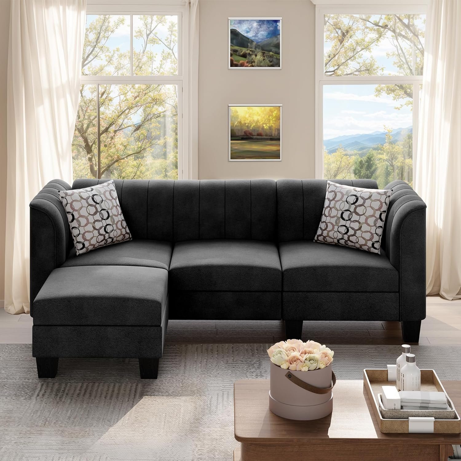 Shintenchi Black Convertible Sectional Sofa for Living Room