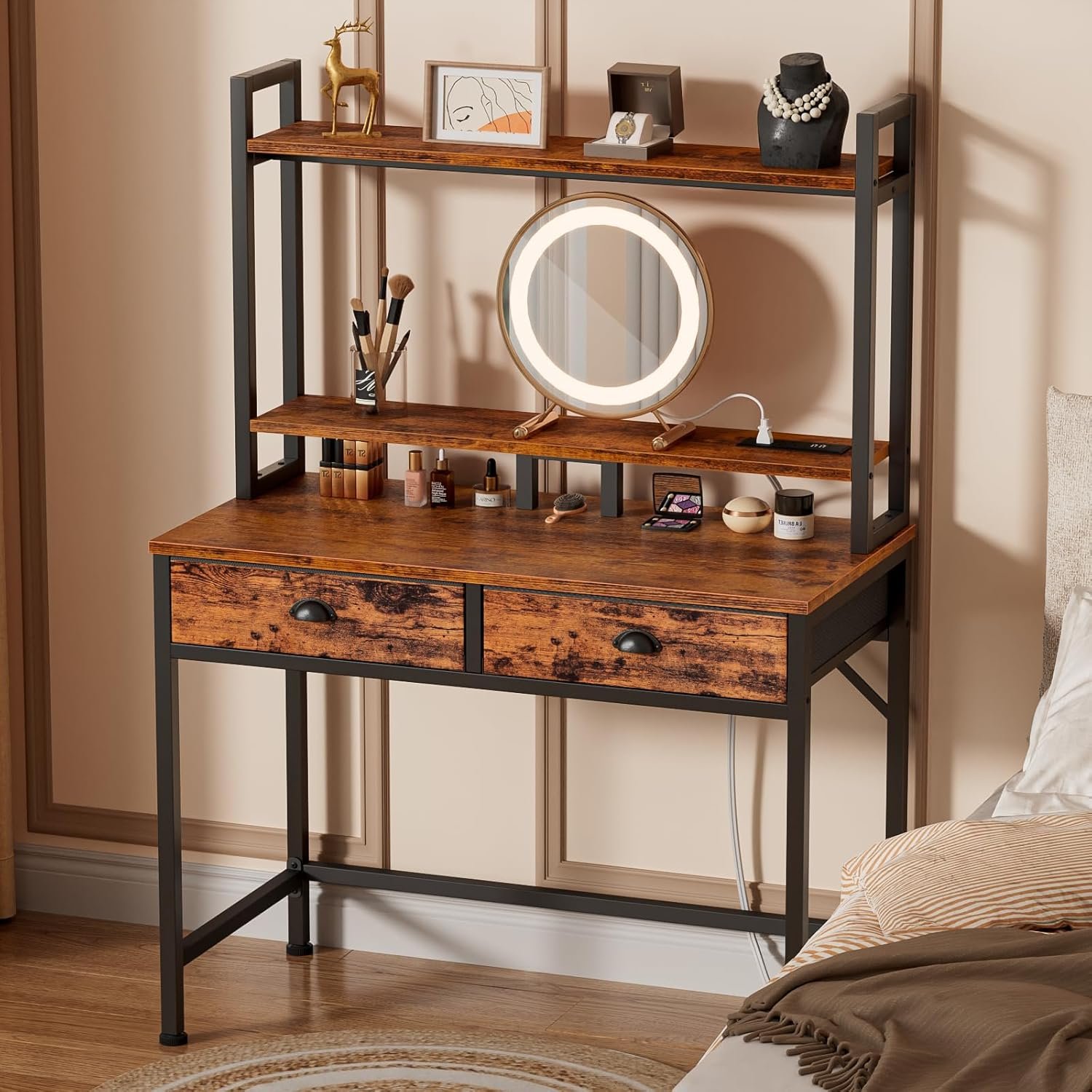 Compact Rustic Brown Computer Desk with Power & Storage for Small Spaces