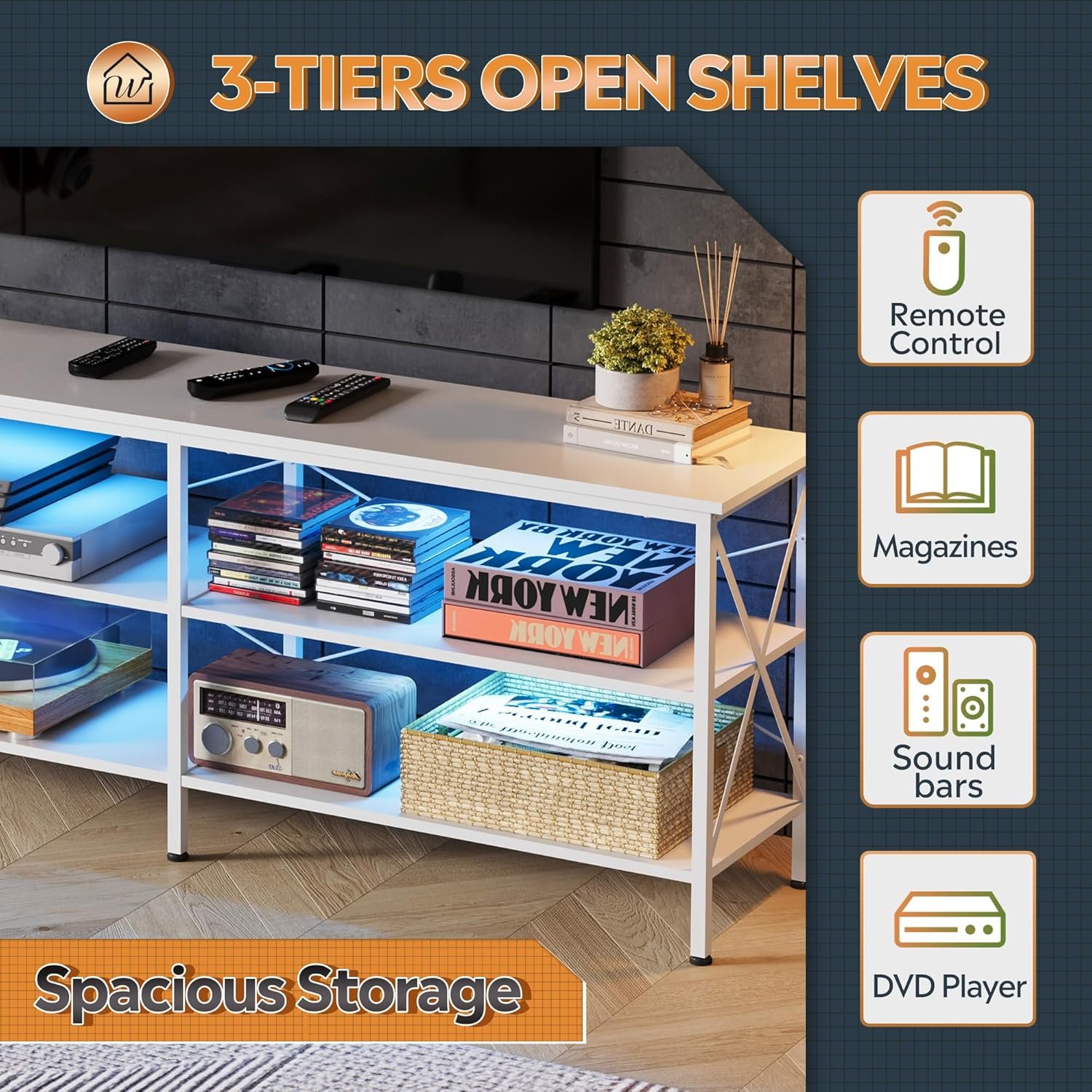 70 Inch TV Stand with LED Entertainment Center and Storage Shelves