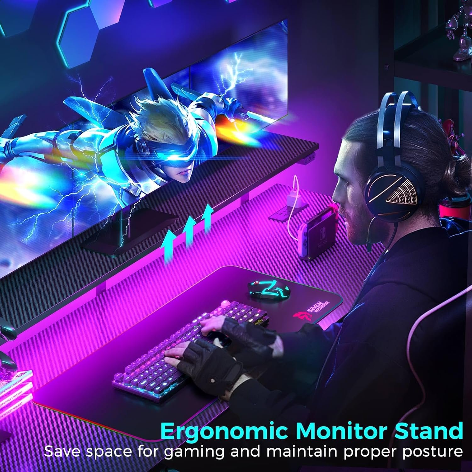 Ergonomic 55 Gaming Desk with LED Lights, Power Outlets, and Accessories for Home Office