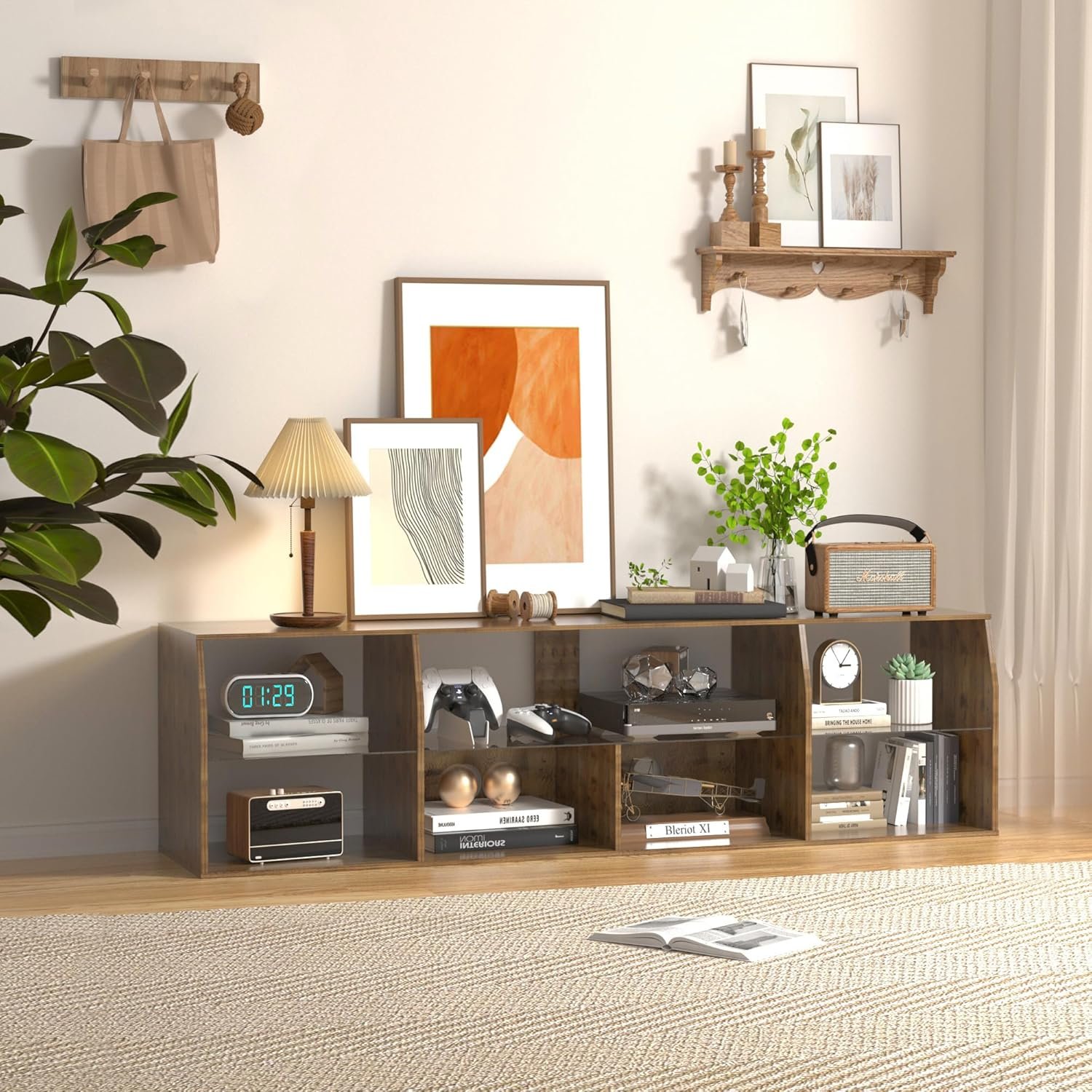 VECELO 55-inch LED TV Stand, Light Brown: Power Outlets & 7 Shelves