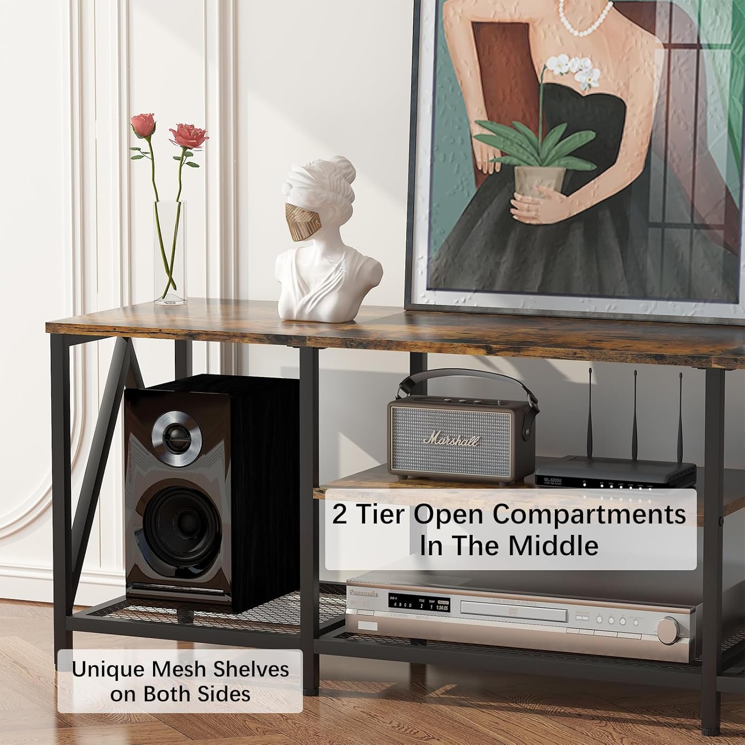 65 Inch Rustic Brown TV Stand with 3-Tier Entertainment Console