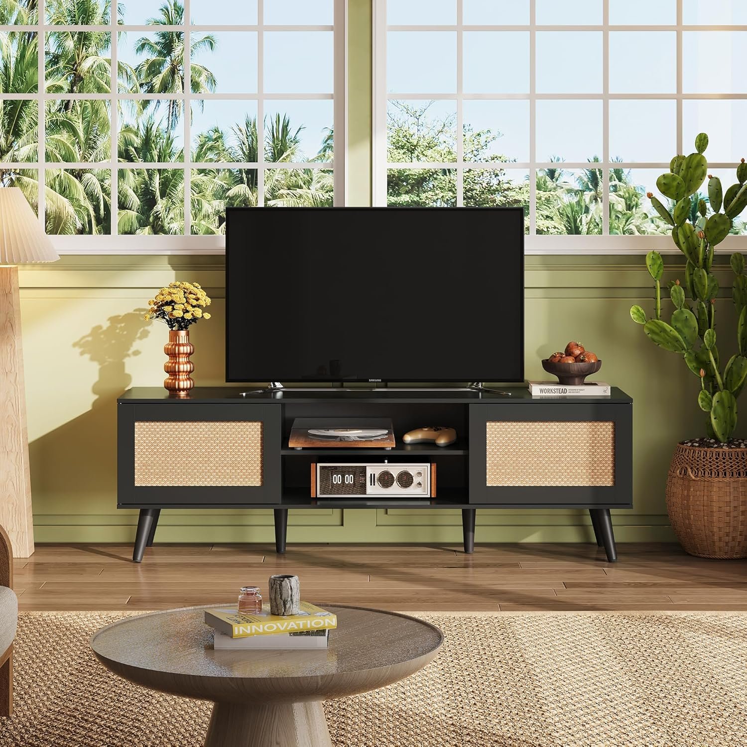 Boho Style 65-Inch TV Stand with Storage and Adjustable Shelves
