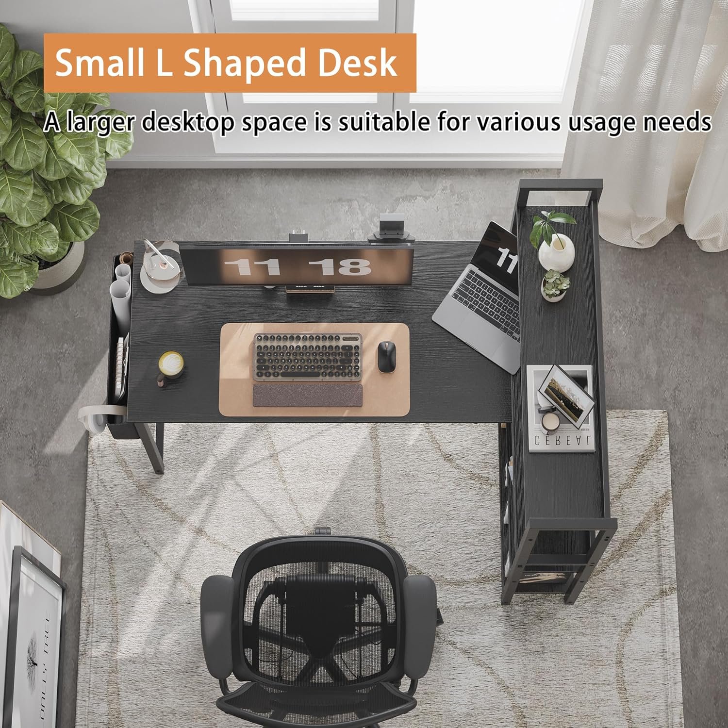 L-Shaped Desk with Bookshelf & Storage for Home Office